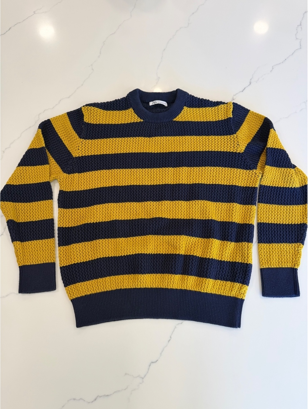 Mens Zara Knit Crewneck Yellow and Blue Striped Sweater Size Medium